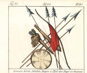 Guinee Conakry våben, spyd, køller, bue og pile i deres kogger, skjold. Litografi til bogen: "Galerie complete en tableaux fideles des peuples d