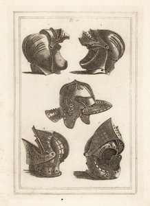 Hjelm af John de Courcy, Earl of Ulster 1,2, Oliver Cromwells hovedstykke 3, vippehjelm 4,5 af Unbekannt