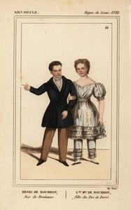 Henry, greve af Chambord, hertug af Bordeaux 1820-1883 og Louise Marie Therese af Artois, datter af hertugen af Berry 1819-1870. Håndkoloreret litografi af Madame Calon fra Le Bibliophile Jacob aka Paul Lacroix