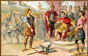 Historie. Det gamle Rom. Vercingetorix (høvding for en gallisk stamme: Averni) overgiver sig til Julius Cæsar i Alesia, 52 f.Kr. Billedsprog, Frankrig, ca. af Unbekannter Künstler