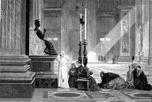 Det gamle Roms historie. Pave Pius IX i bøn foran statuen af St. Peter i Vatikanets basilika Indgravering G.Laplant 1867 af Unbekannt