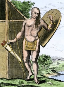 Oprindelige folks historie: En indianer fra Canada holder et skjold, en bue og pile i et kogger af Unbekannter Künstler