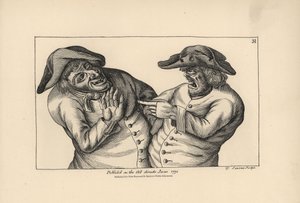 Hodge og Roaf beskylder hinanden for at efterlade en potte med pis i stedet for en kande med øl. Kobberstik af Thomas Sanders efter en satirisk illustration af Timothy Bobbin (John Collier) (1708-1786) fra Human Passions Delineated, John Haywood, Mancheste af Unbekannter Künstler