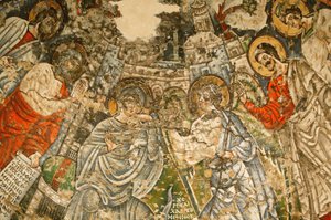 Holy Virgin og Saint John Kame koptiske kloster: 9th c. fresco : Bebudelsen. Maria er omgivet af profeterne Moses, Esajas, Ezekiel og Daniel. Egypten af Unbekannt