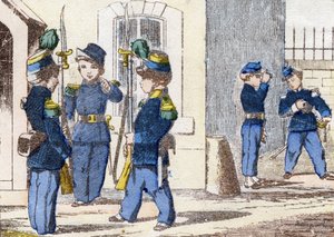 Jægere på fodbold. Indgravering i "Børns militæralfabet"". Billedsprog af Pont-a-Mousson, ca. 1890. 20 sider. Sol: 28,5x21 cm af Unbekannt