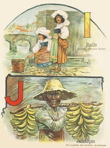 I J: Italien, Jamaica - ABC af de to verdener. Emile Guerin, forlag, Paris, omkring 1900. Mål: 27,5 x 21,5 cm af Unbekannt