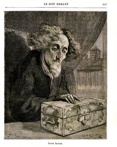 Illustration af Eugene Sues roman "Den vandrende jøde"" - Indgravering af FERDINANDUS i Jules Rouff-udgaven af 1883. David Samuel, vogteren af De Rennepont-familiens ejendom, med kassetten (kisten) indeholdende værdipapirerne, aktierne, vekslerne af Unbekannt