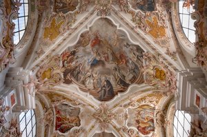 Interiørfotografi af loftfresker, loftmaleri, klosterbasilika, klosterkirke, augustinerkanonernes kloster, Neustift kloster, også kloster, Vahrn nær Brixen, Bressanone, Sydtyrol, Italien, Europa (foto) af Unbekannter Künstler