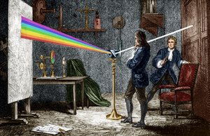 Isaac Newton spreder lys med et glasprisme