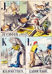 J K L : Juchoir a poules, Kilometer, Labourage - "Gårdens alfabet" slutningen af 1800-tallet (gravering) af Unbekannt