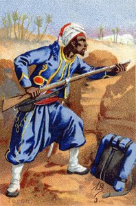 J: Turco. Indgravering i "Militæralfabet". Illustratorens initialer: A. D. Ukendt forlag. Kromolitografier sidst i det 19. århundrede. Mål: 10,5 x 7 cm. af Unbekannt