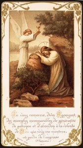 Jesus knæler i bøn i Getsemane Have, og en engel præsenterer ham en kalk. Tidligt 20. århundrede (postkort)