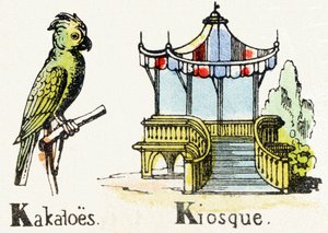 K - Kakatoes Kiosque - Child Entertainment Alphabet c.1890 (litografi) af Unbekannt