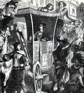 Kong Charles I hyldes af folkemængden efter det mislykkede forsøg på at arrestere de fem parlamentsmedlemmer John Pym, John Hampden, Denzil Holles, William Strode og Arthur Haselrig 4. januar 1642. 19. århundrede (gravering fra "History of the world") af Unbekannter Künstler