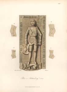 Ridder i rustning fra det 15. århundrede, med detaljer af bindinger på knæ og albuer - Gravsten over Peter von Stettenberg, død 1441 - Kromolitografi, tegning af Jakob Heinrich von Hefner-Alteneck (1811-1903), til hans bog "Costumes, crafts and instrument af Unbekannter Künstler
