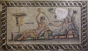Kratos (Cratos) og Euphrosyne (Euthymia) - Mosaik, Akratos og Euphrosyne, Zeugma Mosaikmuseum, Gaziantep, Region Sydøstlige Anatolien, Anatolien, Tyrkiet, Asien af Unbekannter Künstler