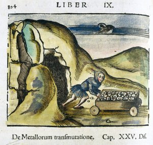 Minen fra det 16. århundrede: en mand skubber en vogn fyldt med malm ved indgangen til en mine af Unbekannt