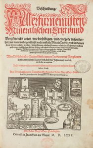 Malmanalyselaboratorium, med ovn, instrument og værktøjer - Titelside fra Beskrivelse af malme og vigtigste minedriftsmetoder, af Lazarus Ecker - Alchemy & Early Chemistry Titelside fra en bog om metallurgi af Unbekannt