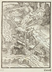 Vask af guldmalm - gravering fra beskrivelse af malme og vigtigste minedriftsmetoder, af Lazarus Ecker af Unbekannt