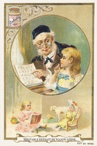 Læser med bedstefar. Reklamekromolitografi, der repræsenterer en ældre person i en cirkulær ramme, en lille ved hans side. Nederst på billedet en siddende lille pige omgivet af legetøj. Redigeret af Compagnie Liebig, Paris, slutningen af ​​det 19. århundre af Unbekannt