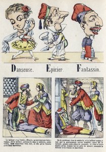 Bogstav D, E og F: danser, købmand og infanteri. Alfabet af den østlige fortælling. Billeddannelse af Epinal, omkring 1890. Populær serie. Lille hæfte på 8 sider. Mål: 205x150mm. Stencilerede træstik med temaet metier af Unbekannt
