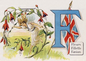 Bogstav F: Blomster, Pige, Vimpel. Indgravering i "ABC L
