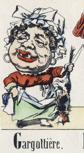 Bogstav G: gargottiere. Alfabet af den østlige fortælling. Billeddannelse af Epinal, omkring 1890. Populær serie. Lille hæfte på 8 sider. Mål: 205x150mm. Stencilerede træstik med temaet metier af Unbekannt