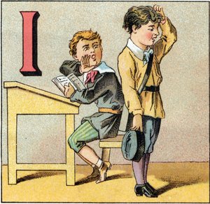 Brev I som uvidenhed. En studerende spørgsmål har glemt sin forelæsning og gentager, hvad en af hans kammerater blæser. Indgravering i "Alphabet des petits ecoliers". Billeddannelse af Epinal, ca. 1885. Privee Collection af Unbekannt