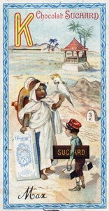 Bogstav K: kabyle, kepi, kilogram, kakatoes, kiosk, kilometer. Indgravering af alfabetet redigeret af Chocolat Suchard, begyndelsen af det 20. århundrede. 24 kromolitografier, der repræsenterer steder, karakterer og genstande, der skal opdages i billedet.  af Unbekannt