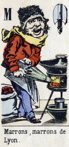 Bogstav M: "Brun, Brun af Lyon". Alfabet "Børnesjov". Billeddannelse af Epinal, ca. 1890. Populær serie. Lille hæfte på 8 sider. Stencilerede trægraveringer med temaet små gademetier og Paris