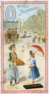 Bogstav O: omnibus, ottoman, paraply, oriflame, orange, obelisque, bjørn. Indgravering af alfabetet redigeret af Chocolat Suchard, begyndelsen af det 20. århundrede. 24 kromolitografier, der repræsenterer steder, karakterer og genstande, der skal opdages i af Unbekannt