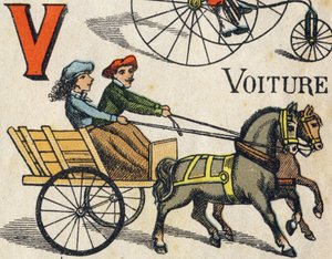Bogstav V for bil. Indgravering i "ABC Toys". Epinal billeddannelse i kromolitografi, ca. 1890. Lille hæfte på 8 sider. Mål: 195x135mm, beregnet til at modtage en annonce i 4. omslag. Bruges derhjemme, det tilbyder en berømt abecedary og en lille læse mig af Unbekannt