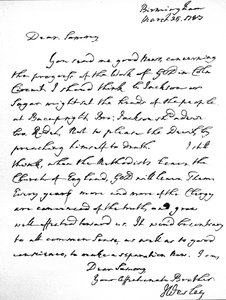 Brev fra John Wesley til Samuel Bradburn, der udtrykker sin stærke mening om, at metodisterne ikke burde forlade Church of England. skrevet i Birmingham den 25. marts af Unbekannt
