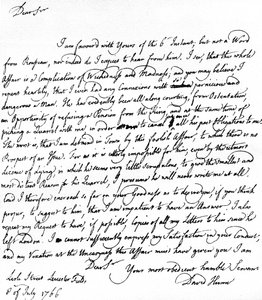 Brev skrevet af David Hume til Richard Davenport med henvisning til de store vanskeligheder i hans forhold til Jean-Jacques Rousseau, Rousseaus afvisning af at modtage pension og hans skænderier med Hume, 8. juli af Unbekannt