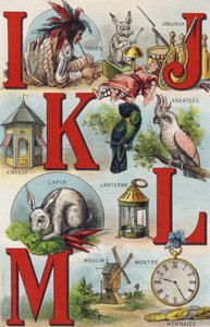 Bogstaver I J K L; indisk; Legetøj; Kakatoer; Kiosk; Lanterne; Kanin; Watch Mønter; mølle. Indgravering i "Mit Barnebarns Alfabet". Bernardin-Bechet og Fils, boghandler-forlag, Paris, omkring 1895. Ubrydeligt album på lærred. Baby bibliotek. 12 af Unbekannt