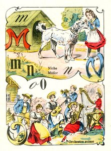 Bogstaverne M N og O som Medor, Niche og Swiss Orchestra. Indgravering i "Sjove alfabet". Billeddannelse af Pont-a-Mousson. Trykning og udgivelse Louis Vagne, slutningen af 1800-tallet af Unbekannt