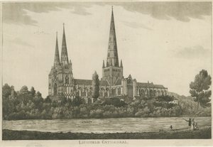Lichfield Cathedral - South View: akvatintegravering, nd [c 1820-1830] af Unbekannt