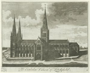 Lichfield Cathedral - South View: gravering og [?1700-tallet] af Unbekannt