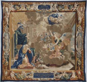 Jomfruens liv: "Bebudelsen"" Vi ser Gud og Helligåndens (Helligåndens) due over scenen - Uld og silketæppe lavet i Pierre Damours værksted ud fra Charles Poersons tegninger (1609-1667) af Unbekannt