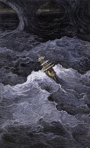 Litteratur: Båd midt ude på havet. Illustration af Samuel Taylor Coleridges (1772-1834) roman "Rime of the Ancient Mariner". Farvestik efter en illustration af Gustave Dore. af Unbekannter Künstler