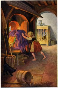 Litteratur. Eventyr. Hans og Grete og heksen. Illustration af Otto Kubel til fortællingen om brødrene Grimm. Postkort, Tyskland, ca. 1900 (postkort) af Unbekannter Künstler