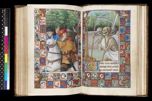 MS 92 f.132v-133r, De dødes kontor, Matins, De tre levende og de tre døde, fra en timebog, det vestlige Frankrig, brug af Rom, 1490-1510 af Unbekannt