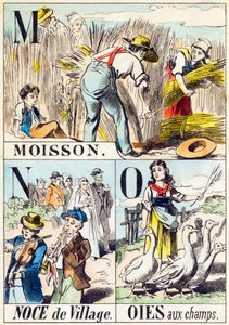 M N O : Moisson, Noce de village, Oies aux champs - "Alphabet of the farm" slutningen af det 19. århundrede (gravering) af Unbekannt