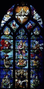 Madonna og barn med engle og portrætter, der afspejler protektion af en lokal bispelig protektor, ca. 1200-tallet (farvet glas) af Unbekannt