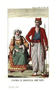 Mand og kvinde i Arkadien, Peloponnes, Grækenland. Illustration fra Francois Pouquevilles rejser gennem More, Albanien og flere andre dele af det osmanniske rige. af Unbekannter Künstler