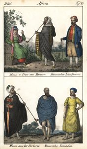 Mand og kvinde fra Marokko, en maurisk købmand, øverst, og et par marokkanere, en maurisk købmand og nederst en berbermand i frakke og et par mauriske nomader. Litografi til bogen: "Galerie complete en tableaux fideles des peuples d