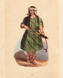 Mand fra Karen-stammen (Karene eller Karyang) (Burma, Myanmar) - Mand fra Karen-stammen (Karian) i det sydlige Burma - Håndkoloreret træsnit fra "Mores, Uses et Costumes de tous les Peoples du Monde, Asia," af Auguste Wahlen, pseudonym for Jean Francois Ni af Unbekannter Künstler