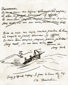 Manuskript af Charles Baudelaire, illustreret med en tegning af en båd af Unbekannter Künstler