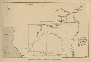 Kort, der viser Marchand-missionens rute i 1898 (litho) af Unbekannt