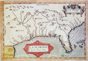 Kortlægning af "Florida". Vi kan se Krebsens vendekreds, Bahamas og Tortugas-øerne. I "Teatrum Orbis Terrarum"" af kartografen Abraham Ortelius (1527-1598) af Unbekannter Künstler